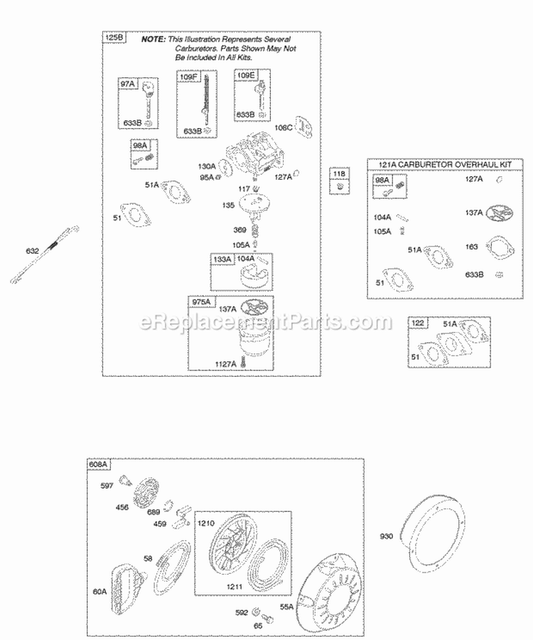 Carburetor Kit - Carburetor Overhaul Rewind Starter Diagram and Parts List for 20D412-0100-E1  Briggs and Stratton Engine